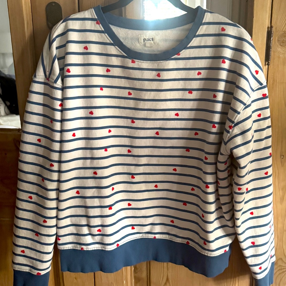 Pact Navy and White Striped Sweatshirt with Red Accents